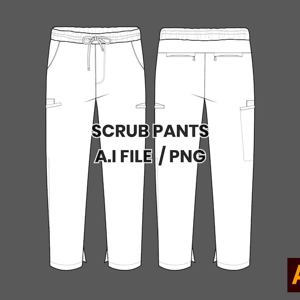 Medical Scrub Pants Technical drawing, Uniform Tech Pack Template Unisex PNG, Vector, Canva, Pro create template, mockups, Digital Download