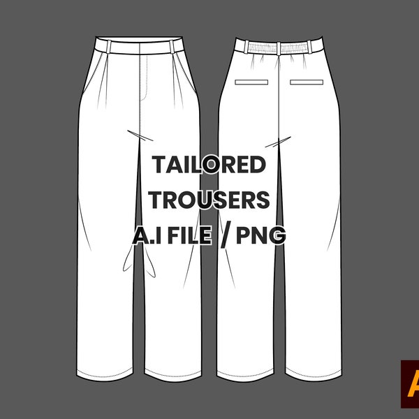 Wide Leg Tailored Trousers Ai, PNG,  Bottoms Flat Technical Drawing, Sketch, Illustrator, Fashion CAD, Canva, Pro create template, download