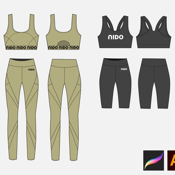 Active Wear Fashion Flat Template Collection / Technical Drawings / Fashion CAD Designs for Adobe Illustrator, Canva / Fashion flat sketch