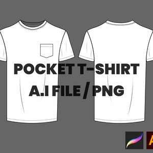 May include: A white t-shirt with a pocket on the left side. The t-shirt is shown from the front and back. The text "POCKET T-SHIRT" and "A.I FILE / PNG" is displayed below the t-shirt.
