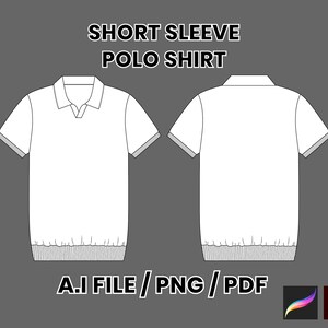 Puede incluir: Una plantilla de polo blanco de manga corta con cuello. La camisa se muestra desde el frente y la espalda. El texto "SHORT SLEEVE POLO SHIRT" está en la parte superior de la imagen. El texto "A.I FILE / PNG / PDF" está en la parte inferior de la imagen. Los iconos de Adobe Illustrator, Adobe Photoshop y un pincel están en la parte inferior derecha de la imagen.