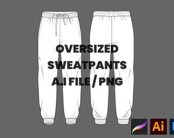 Cuff Sweatpants Flat Technical Drawing Illustration, PNG Classic Blank Streetwear Mock-up Template for Design Tech Packs CAD Joggers