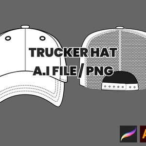May include: A white trucker hat with a black mesh back and a black strap with white stitching. The hat has a curved brim and a small, round logo on the front.