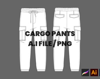 Cargo Pants Mockup Vector Adobe Illustrator, Procreate, PNG, Template Clothing Blank Design SVG Sketch Tech Pack - Download