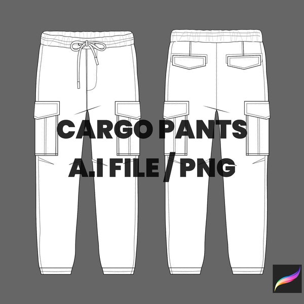 Cargo Pants Mockup Vector Adobe Illustrator, Procreate, PNG, Template Clothing Blank Design SVG Sketch Tech Pack - Download