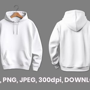 May include: A white hoodie with a drawstring hood and a kangaroo pocket. The hoodie is shown from the front and back.