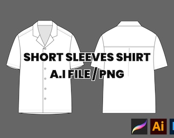 Button Shirt Short Sleeve Flat Technical Drawing Illustration Blank Mock-up Template for Design and Tech Packs CAD Technical Sketch Download