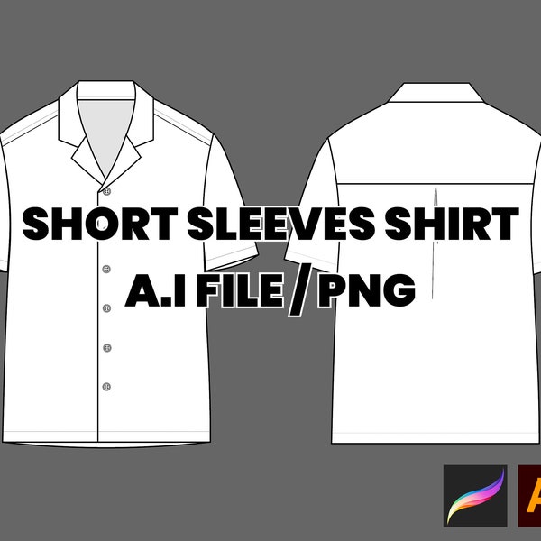 Button Shirt Kurzarm Flache Technische Zeichnung Illustration Blank Mock-up Vorlage für Design und Tech Packs CAD Technische Skizze Download