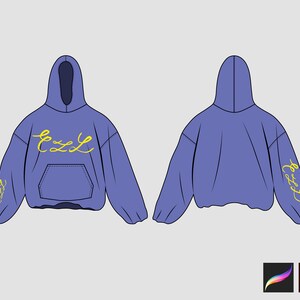 May include: A purple hoodie with a yellow embroidered design on the front and sleeves. The design says "Cozy" on the front and "Cozy" on the sleeves.