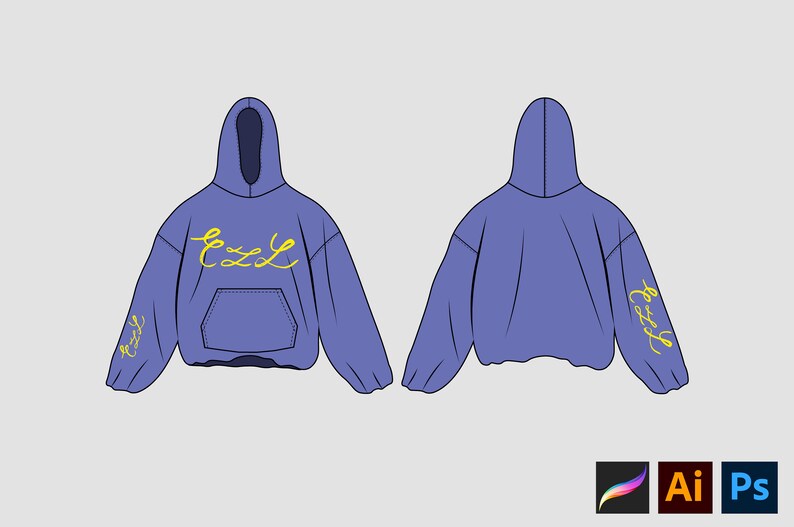 May include: A purple hoodie with a yellow embroidered design on the front and sleeves. The design says "Cozy" on the front and "Cozy" on the sleeves.