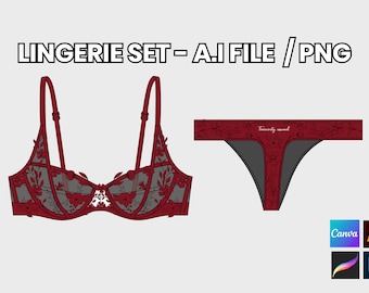 Lingerie Set, Intimate Apparel Technical Drawings with flowers, Vector, Digital Download, flat sketch, Illustrator & Canva, Mock-up Template
