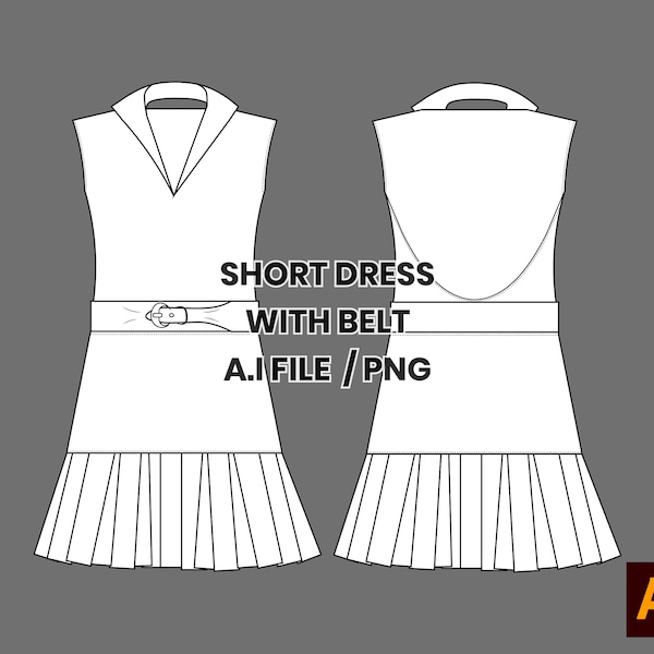 Womenswear Dress Vector with Belt, Open Back, Tech Pack Template Fashion CAD Designs Flat Sketch, Canva, Pro create, mockups