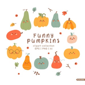 Bundle de clipart numérique PNG citrouilles mignonnes, clipart automne numérique, personnages dessinés pour les enfants, impressions de chambre de bébé citrouilles, téléchargement immédiat