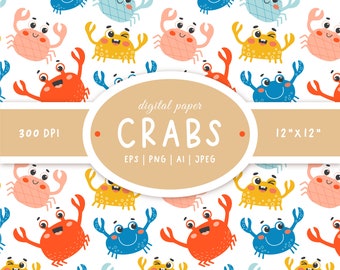 Crab digital paper, Under the Sea seamless pattern, Nautical digital background, Ocean print digital download