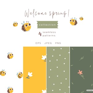 Honigbienen und Blumenmuster, nahtloses Frühlingsblumenmuster-Set, digitales Hintergrundset, druckbare Blumentapete, sofort Download