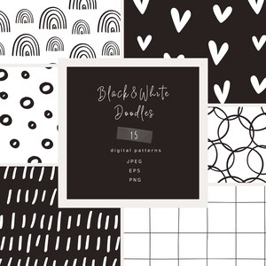 May include: A set of 15 black and white digital patterns featuring simple doodles like rainbows, hearts, circles, lines, and grids.  Black & White Doodles.  JPEG, EPS, PNG.