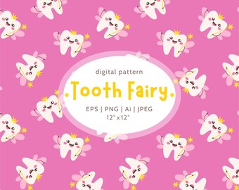 Magical Tooth Fairy Seamless Pattern, Pink Digital Paper for Creating Tooth Fairy Letters, Certificates, Bags, Dental Office Decor