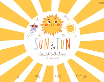 Kawaii weather clipart for kids, Sun and Moon, Cloud, Rainbow, Cute weather character design, Nursery pillow digital print, Instant download