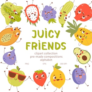 Niedliches Obst und Gemüse digitale Clipart, Kawaii Obst, Wassermelone, Zitrone, Avocado, Alphabet, Kinderzimmer Dekor, zum sofortigen Download