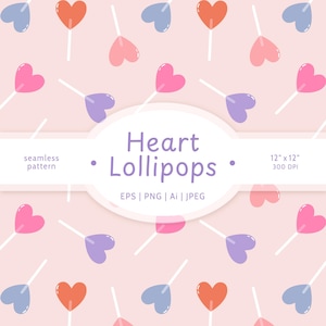 Könnte beinhalten: Ein nahtloses Muster aus herzförmigen Lutschern in Rosa, Rot und Lila auf hellrosa Hintergrund. Das Muster ist 30,5 cm x 30,5 cm groß und hat 300 DPI. Der Text "Heart Lollipops" befindet sich in der Mitte des Bildes.
