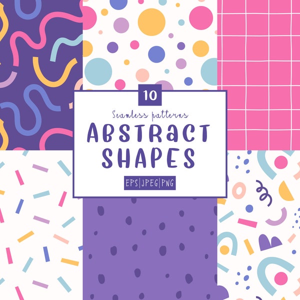 10 Modern geometric shapes seamless patterns, Abstract shapes digital paper pack, Colorful modern nursery prints, Instant digital download