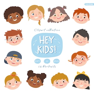 Cute kids digital clipart, Happy kids faces clipart, Cartoon portrait of boys and girls, Back to school digital prints, Instant download