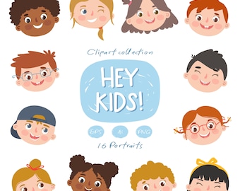 Cute kids digital clipart, Happy kids faces clipart, Cartoon portrait of boys and girls, Back to school digital prints, Instant download