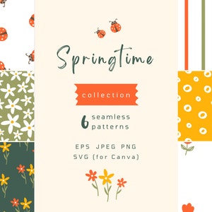 Spring floral set with blooming flowers, cute ladybugs and geometric seamless patterns, Springtime digital paper set, Instant download