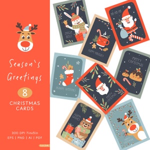 Festliche Tierweihnachtskarten, Druckbares Design für Familie Weihnachten, Weihnachtsmann und Freunde Weihnachtsdrucke, frohe und hell Sofort Download