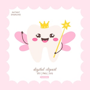 Charmant personnage de fée des dents, clipart imprimable numérique de dent pour créer des lettres de fée des dents, certificats, sacs, décoration de cabinet dentaire