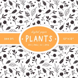 Herbst Digitales Papier mit schwarzen und weißen Gekritzeln, Pflanzen Ornament, Nahtloses Muster für botanische Tapete, Herbstdrucke zum sofortigen Download