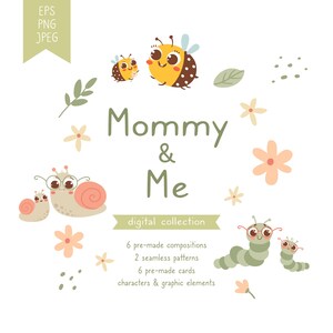 Cartões para impressão Mamãe e Eu, composições PNG do Dia das Mães, padrões digitais, clipart digital com mães e bebês, download instantâneo