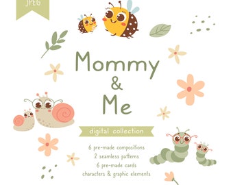 Mommy and Me printable cards, Mother's Day PNG compositions, digital patterns, Digital clipart with moms and babies, Instant download