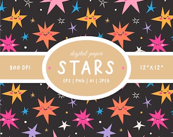 Dreamy Stars digital paper, Starry Night seamless pattern, Playful digital background, Stars PNG character design, Instant download