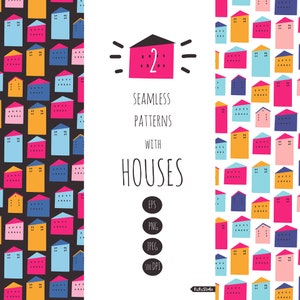 Padrões digitais de casas coloridas, padrão sem emenda para crianças, impressões digitais PNG do berçário com casas rosa, azuis e amarelas, download instantâneo