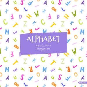 May include: A digital pattern featuring a white background scattered with colorful, handwritten-style letters of the alphabet. A purple rectangle in the center displays the word "ALPHABET" in white, along with "digital pattern" and file type information.