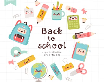 Puede incluir: Un conjunto de 35 coloridos útiles escolares de dibujos animados con caras felices. Los útiles incluyen una mochila, un lápiz, una goma de borrar, una regla, unas tijeras, una calculadora, un globo terráqueo, un cuaderno, cinta adhesiva y mucho más. El texto "Back to school" está escrito en letras marrones.