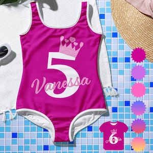 Maiô personalizado para aniversariante, camiseta personalizada, maiô com número/nome da idade ~ Trajes de banho para meninas, maiô para aniversário de menina, maiô para Barbie