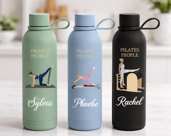 Personalized Pilates Water Bottle, Custom Name Gym Bottle, Cartoon Fitness Bottle with Handle, Stainless Steel Sports Bottle, Pilates Gift