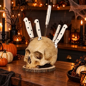 May include: A beige skull-shaped knife block featuring a textured bone-like finish, resting on a circular wooden base. The block holds five kitchen knives with white handles and three black rivets each, inserted into the top of the cranium.