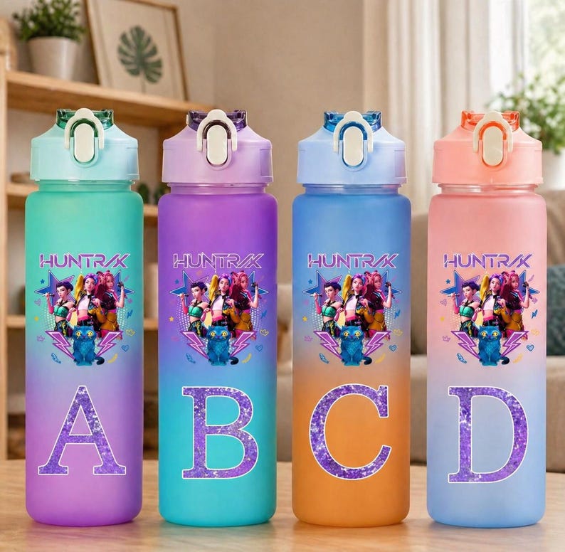 Kpop Demon Hunters Water Bottle, Gradient Letter, 750ml Girls Drinking Bottle image 1