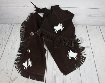 Personalized Youth/Children's Leather Chaps and Vest Set with Bull Rider