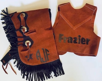 Two Tone Brown Leather Childrens Cowboy Chaps and Vest Set, Personalized, Bronc Rider