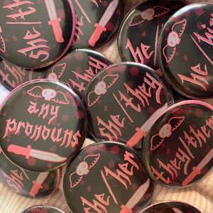 goth pronoun buttons, LGBTQ+ pin badges (58mm) image 2