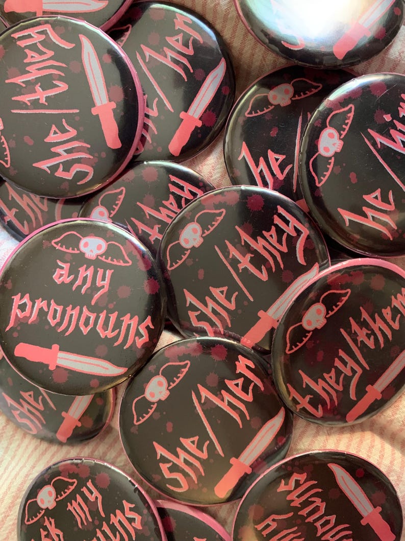 goth pronoun buttons, LGBTQ+ pin badges (58mm) image 2