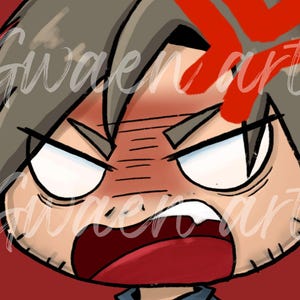 May include: Cartoon illustration of a man with an angry expression, red cheeks, and a wide open mouth. The image has the name "LEON" at the top and the artist's signature "Gwaen art" in the image.
