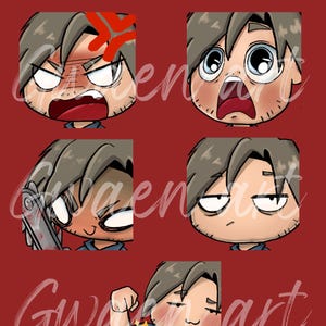 May include: A red background featuring five cartoon illustrations of a character with brown hair and blue clothing, each showing a different emotion. The word "LEON" is at the top, and the artist's name is written in cursive at the bottom.