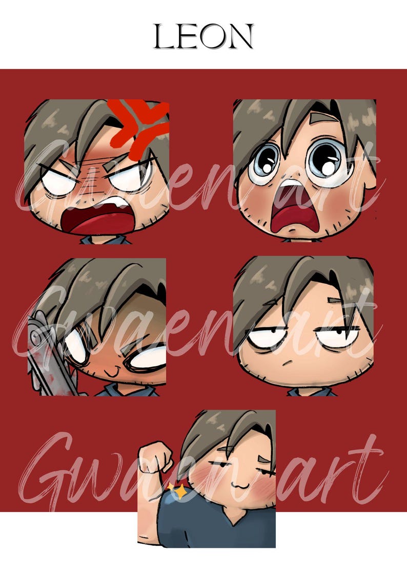 May include: A red background featuring five cartoon illustrations of a character with brown hair and blue clothing, each showing a different emotion. The word "LEON" is at the top, and the artist's name is written in cursive at the bottom.