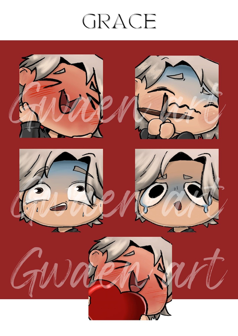May include: A red background features five cartoon-style illustrations of a character with gray hair, each depicting a different emotion. The word "GRACE" is at the top, and "Gwaen art" is written in cursive at the bottom.