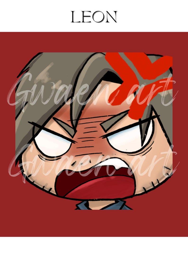 May include: Cartoon illustration of a man with an angry expression, red cheeks, and a wide open mouth. The image has the name "LEON" at the top and the artist's signature "Gwaen art" in the image.